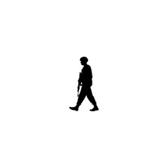 Silhouette of a soldier walking with a rifle on a white background in a side view with helmet on head