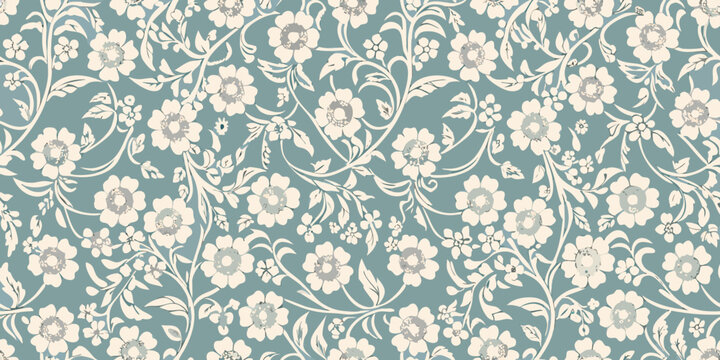 Elegant floral pattern with vines and flowers on a blue background