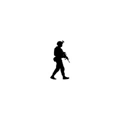 Silhouette of a soldier in uniform walking with a rifle on a white background in a full body shot