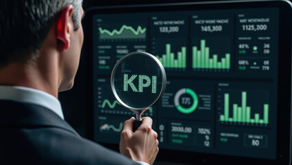 Data analysis business metrics performance indicators technology graphs statistics professional magnifying glass dashboard corporate