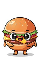 Cheerful cartoon hamburger character with large eyes and limbs stands against a white background