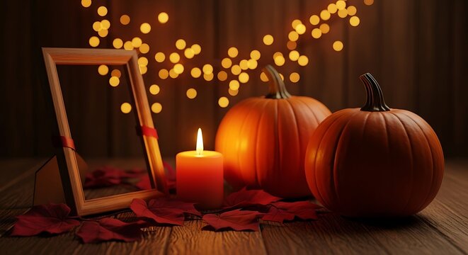 Warm autumn scene featuring pumpkins and a lit candle, evoking a cozy and festive atmosphere for Thanksgiving