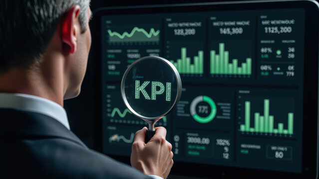 Data analysis business metrics performance indicators technology graphs statistics professional magnifying glass dashboard corporate - Powered by Adobe