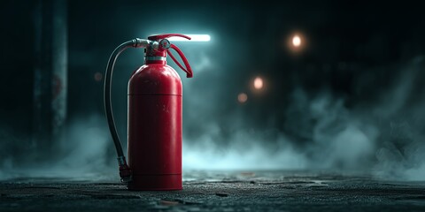 Obraz premium A red fire extinguisher glows in a dark, foggy setting, symbolizing safety, preparedness, and urgency. The image conveys caution, protection, and stark contrast.