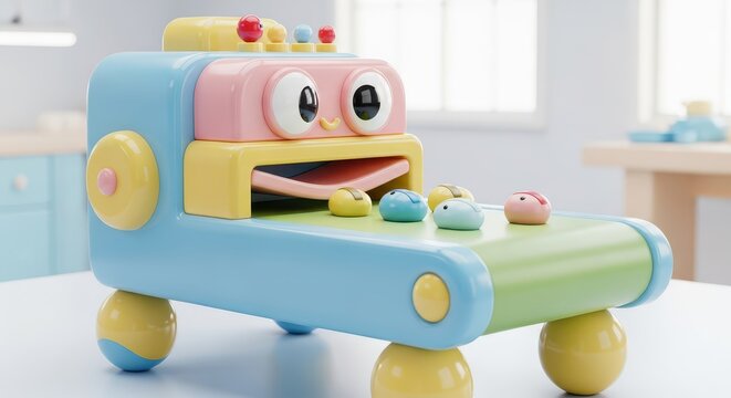 Colorful plastic infant activity device rests on a light surface in a softly lit room