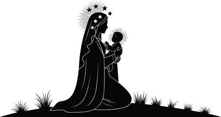 Silhouette of the Virgin Mary holding baby Jesus a symbol of faith and devotion.