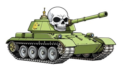 Green cartoon tank bearing a skull, isolated. Bold lines, bright colors, on caterpillar tracks. Side view