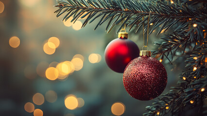 Obraz premium two red Christmas ornaments hanging on an evergreen tree branch with blurred background lights