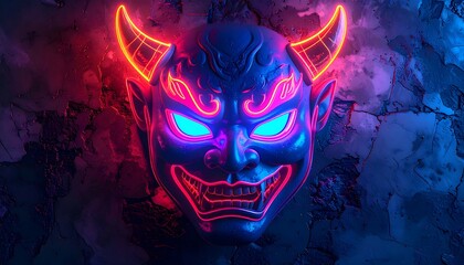 Glowing neon demon mask on cracked concrete wall in red and blue hues, stylized and dramatic lighting scheme