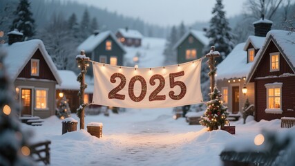 Welcoming 2025 in a charming snow covered village with twinkling lights and holiday cheer