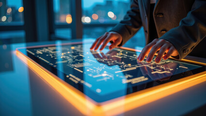 Person interacts with futuristic touchscreen display, showcasing intricate circuit designs and glowing elements in modern environment