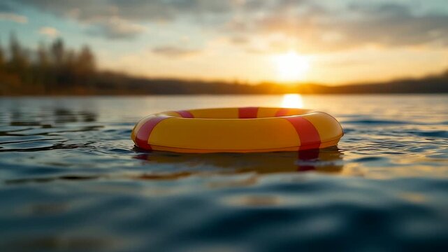 Bright yellow lifebuoy floating on calm rippling water during a warm peaceful sunset, capturing a serene lakeside rescue safety moment