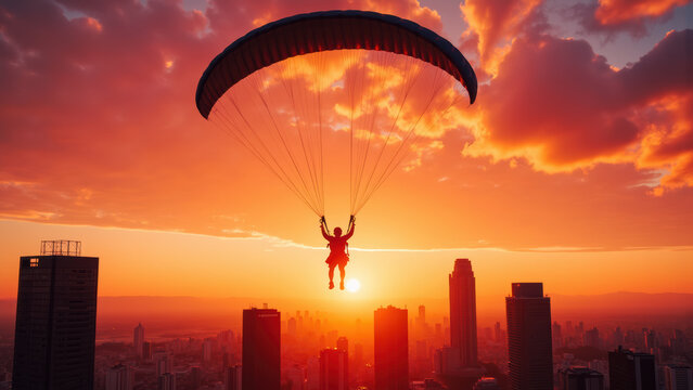 Person paragliding against vibrant sunset, showcasing thrilling adventure sky above city skyline. scene captures beauty of freedom and excitement