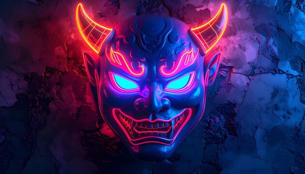 Glowing neon demon mask on cracked concrete wall in red and blue hues, stylized and dramatic lighting scheme - Powered by Adobe