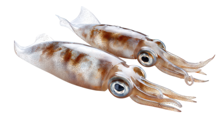 Two squids observe with curious dark prominent eyes oceanic creatures showcase their large expressive eyes