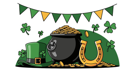Saint Patrick's Day Celebration Pot of Gold, Shamrock, and Festive Elements Illustration