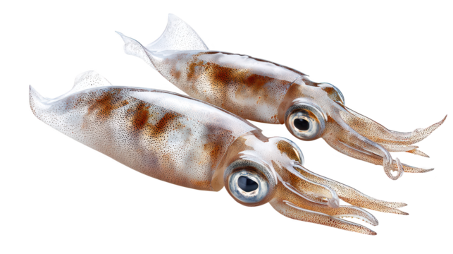 Two squids observe with curious dark prominent eyes oceanic creatures showcase their large expressive eyes