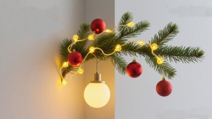 Festive fir branch with red ornaments and warm lights brings holiday cheer to any space