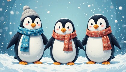 Three adorable penguins dressed for winter enjoying a snowy day together outdoors