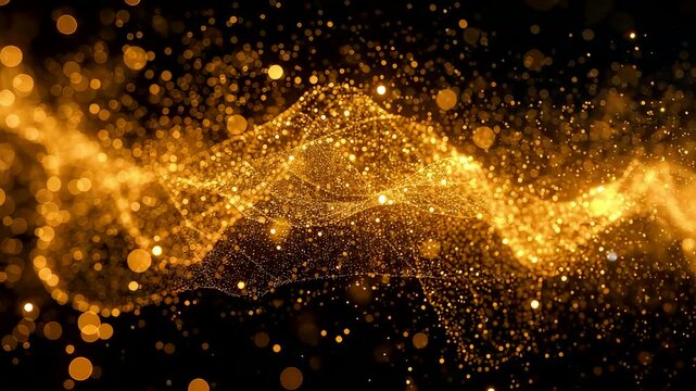 Golden shimmering particle waves forming an abstract flowing pattern with sparkling lights and dynamic motion across a dark cinematic surface