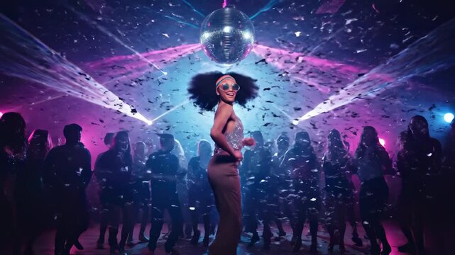 Joyful african american woman with an afro dancing on roller skates under a mirror ball at a crowded nightclub, celebrating with confetti falling all around her during a vibrant retro party