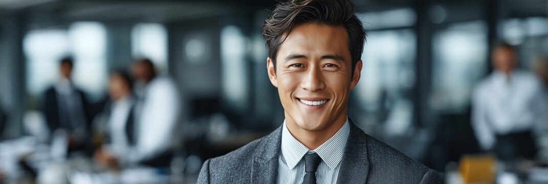 Smiling asian man, businessman in a suit smiles warmly, exuding professionalism, confidence, and approachability. The image conveys success, charm, and corporate elegance.