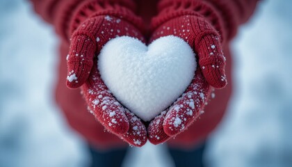 Share the winter love with cozy red mittens holding a snowy heart full of warmth