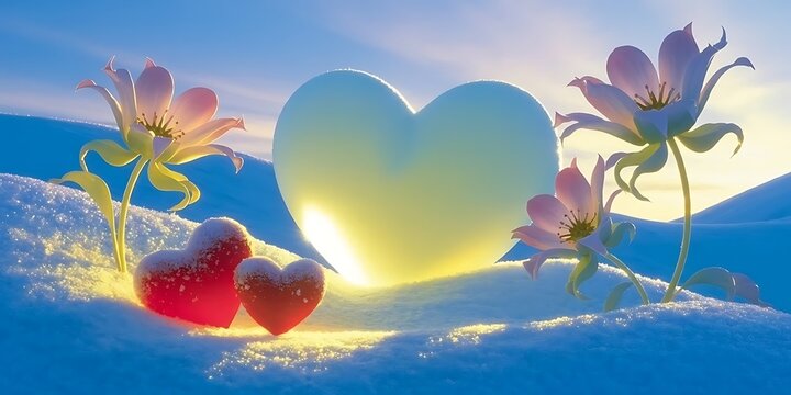 Snowy winter landscape showcases glowing heart, frosted smaller hearts and pastel flowers in soft light - Powered by Adobe