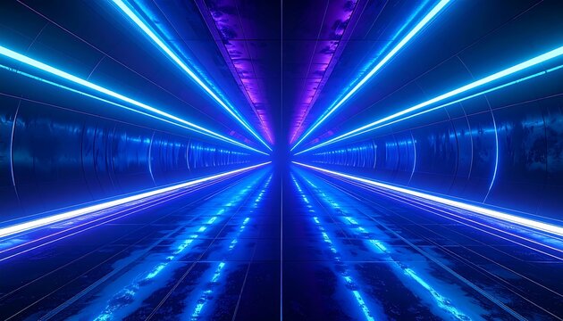 Glowing neon lights in a tunnel-like structure fading to a light source at the end in shades of blue and purple - Powered by Adobe