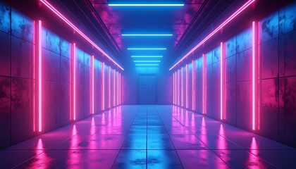 Glowing neon pink and blue lights illuminate a tiled hallway, creating a futuristic, cyberpunk aesthetic