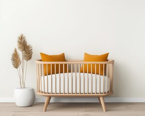Scandinavianinspired bedroom with light wooden tones, a minimalist bassinet, and calming neutral bedding for a newborn