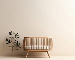 Scandinavianinspired wooden bedroom with clean lines, a simple baby cradle, and calming earthy tones