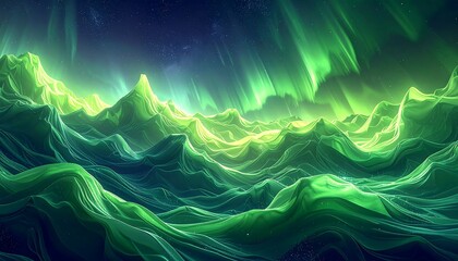 Green ethereal waves undulate beneath a dark starry sky filled with aurora borealis-like emerald lights
