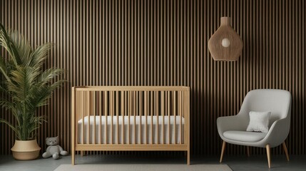Minimalist bedroom with smooth wooden finishes, a neutral crib, and soft lighting for a serene newborn retreat