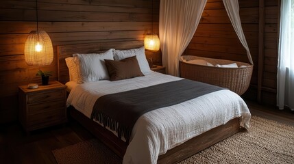 Rustic bedroom with smooth wooden finishes, a hanging bassinet, and soft lighting for a warm, inviting look