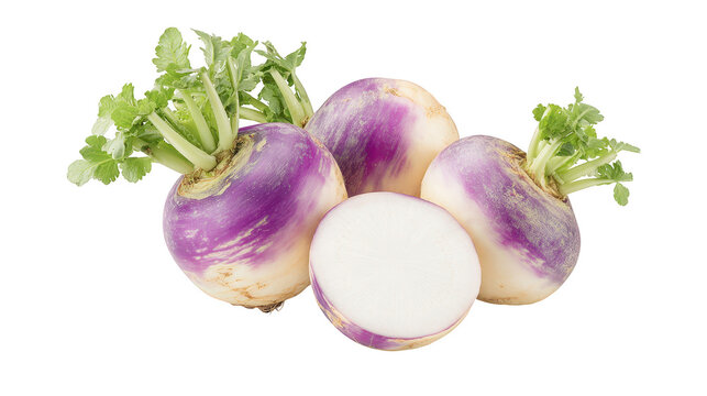 Fresh purple turnips display vibrant green leaves vibrant purple root vegetables show fresh green foliage - Powered by Adobe