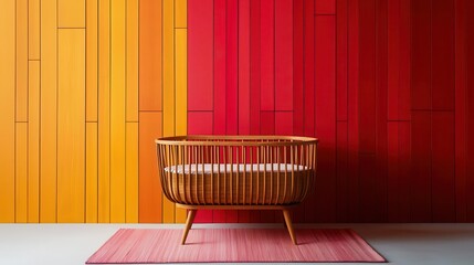 Contemporary wooden bedroom featuring a modern bassinet, layered rugs, and soft ambient lighting for a warm feel
