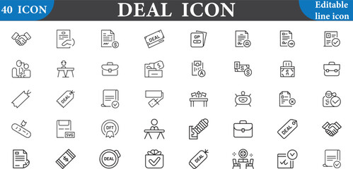 Deal icon set with editable line isolated on white background