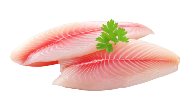 Raw fish pieces garnished with fresh herb two raw fish portions prepared for meal