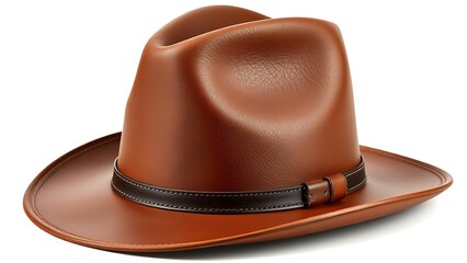 rodeo. A classic brown leather cowboy hat isolated on a white background. public awareness campaigns, NGO reports, designed for public awareness campaigns and NGO communications, clarifies policy.