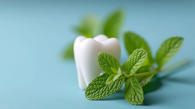 Fresh Dental Hygiene Concept with White Tooth Model and Mint Leaves on Blue Background