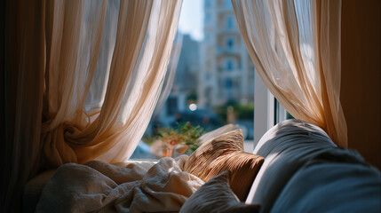 Open window breeze moving sheer curtains, person napping on sofa, cool air relief, calm palette, with copy space
