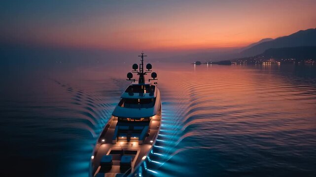Impressive superyacht navigating glowing waters during a warm atmospheric sunset