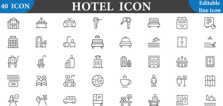 Collection of hotel icons isolated on white background for your design