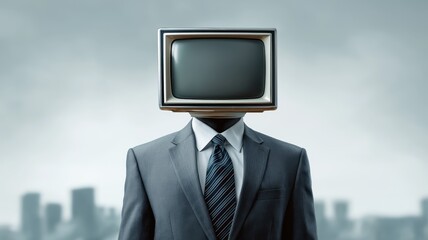 Business man with an old tv instead of head on city background