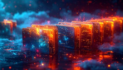 Glowing rectangles cascade in a line with clouds and sparkles of light. Abstract digital artwork