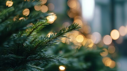 Closeup of a Christmas tree with bokeh light