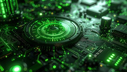 Green futuristic tech with central circular element surrounded by illuminated circuitry