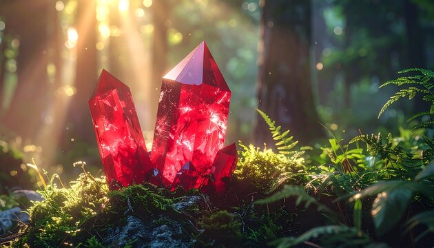 Glowing red crystal cluster nestled among moss and ferns in sunlit forest - Powered by Adobe