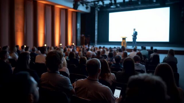Large audience seated in a conference hall watching a speaker present on a bright stage screen during a professional seminar or business event